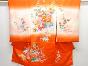 アンティーク　橋に草花模様一ツ紋着物（長襦袢・内袖付き）